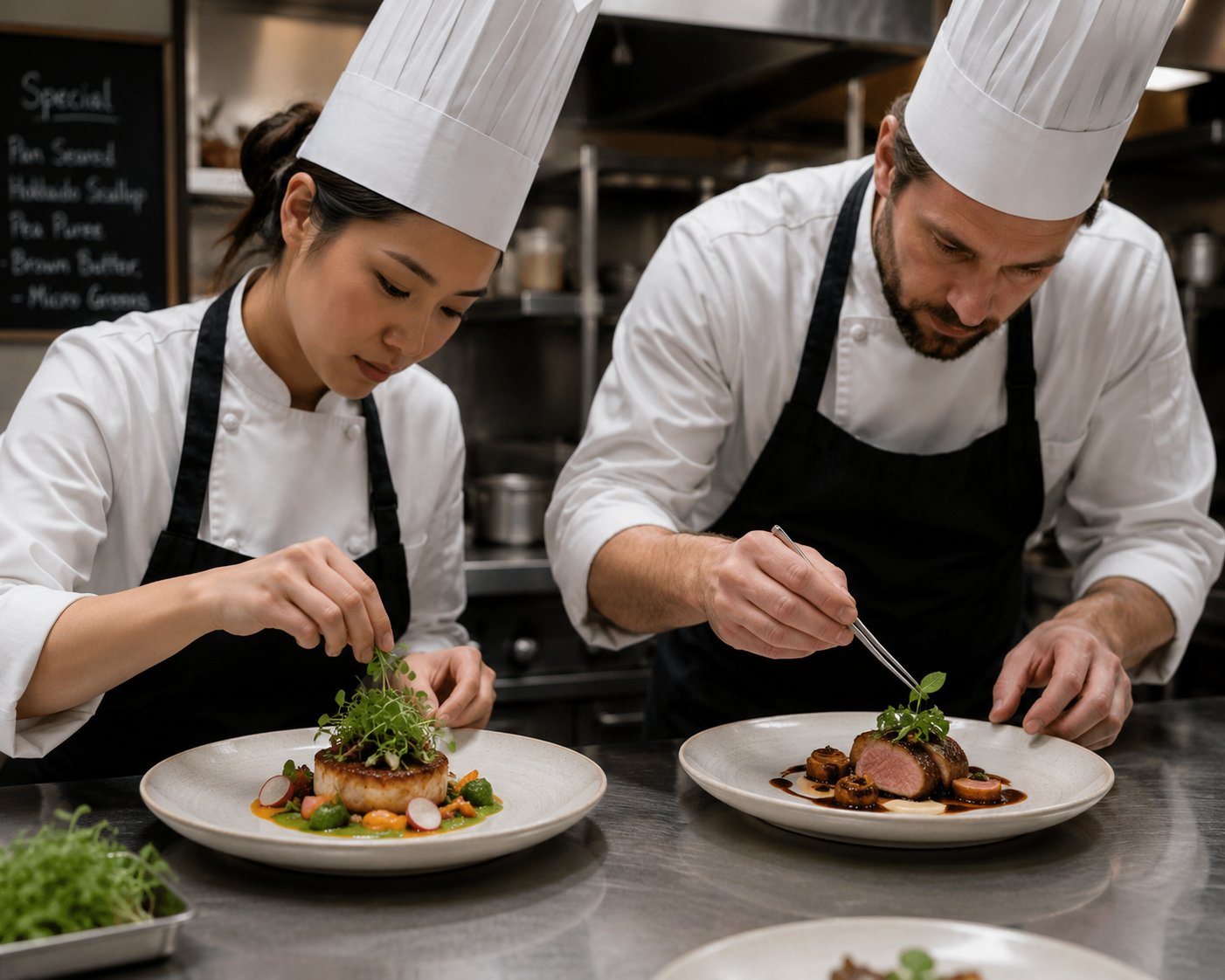 Professional chefs plating in a busy kitchen